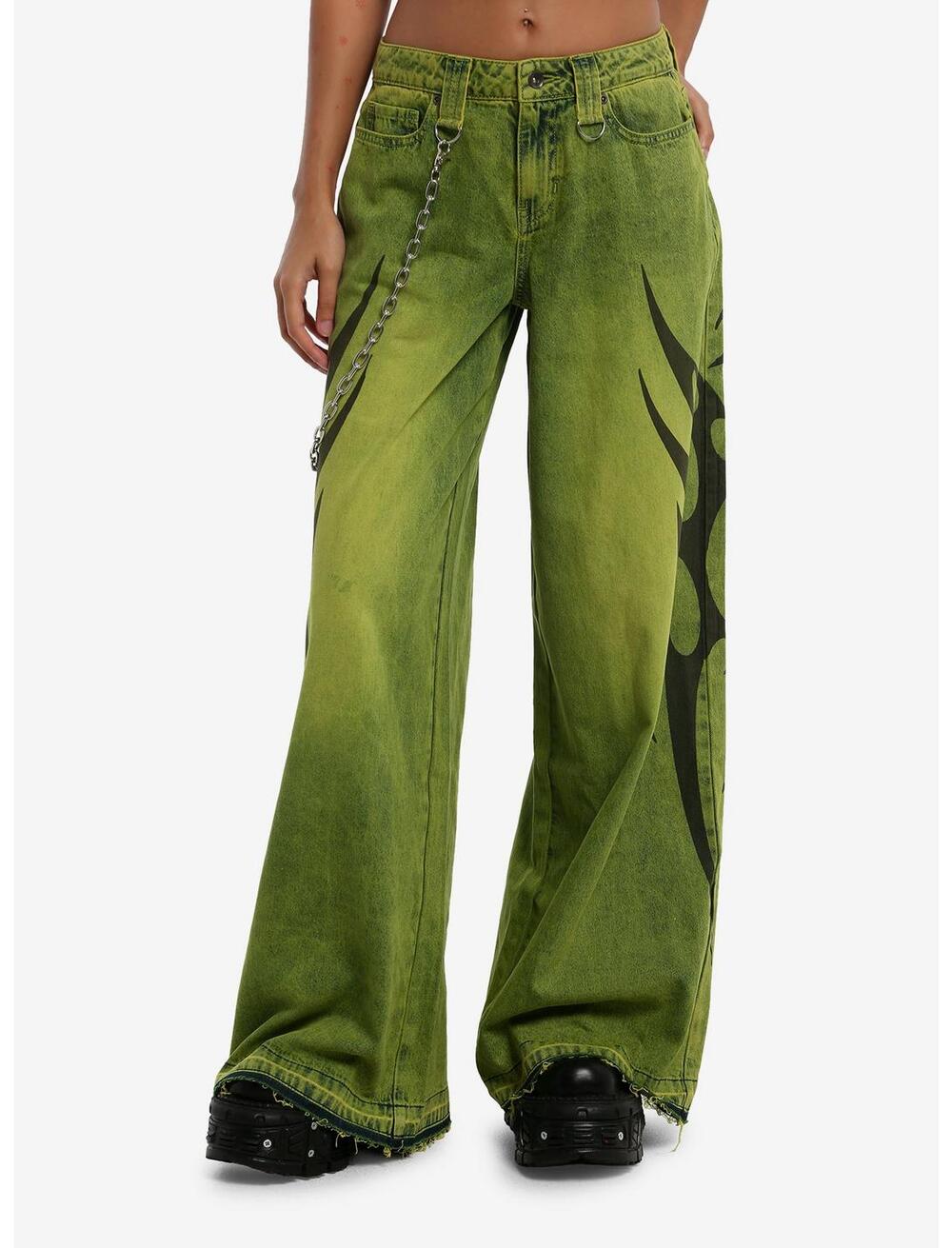 NWT Hot Topic Social Collision Acid Green Cyber Sigil Jeans W/ Side Chain sz 13